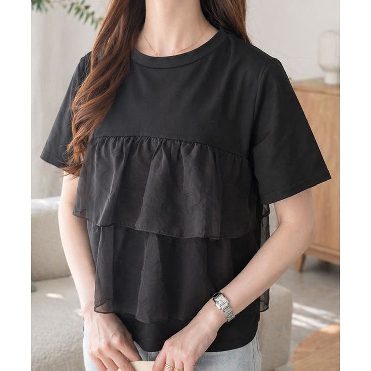 ブラック | シアーフリルドッキングTシャツ レディース 半袖 | Amulet