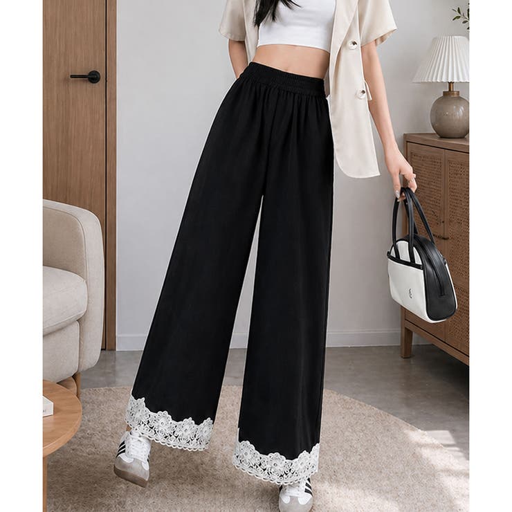 ブラック | 裾レースワイドパンツ レディース ロング | Amulet