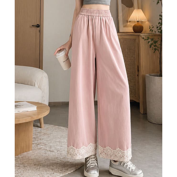 ピンク | 裾レースワイドパンツ レディース ロング | Amulet