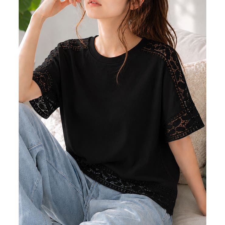 ブラック | レーススリーブリラックスTシャツ レディース カジュアル | Amulet
