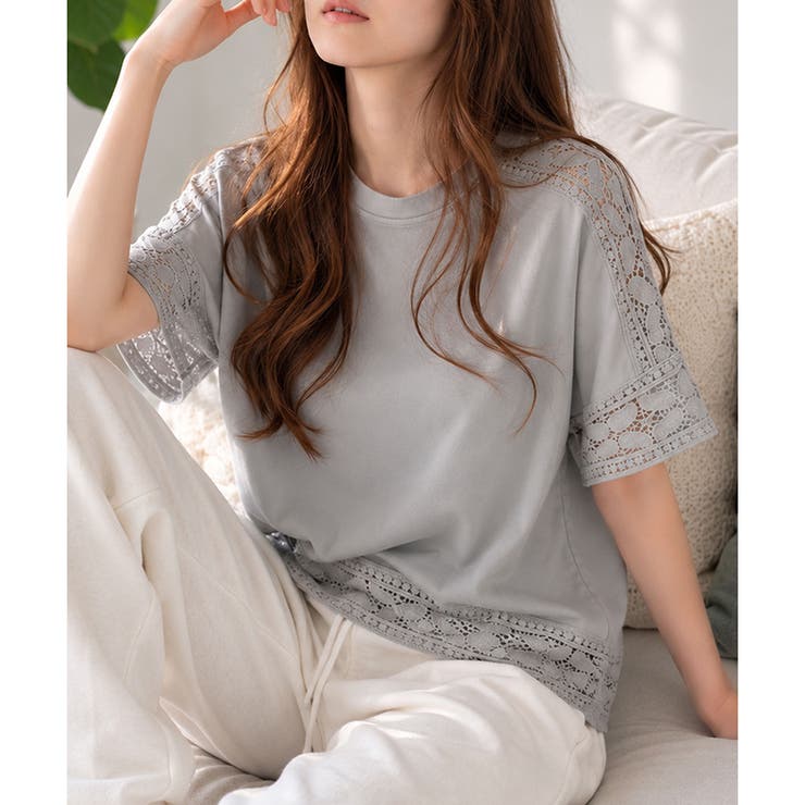 グレー | レーススリーブリラックスTシャツ レディース カジュアル | Amulet