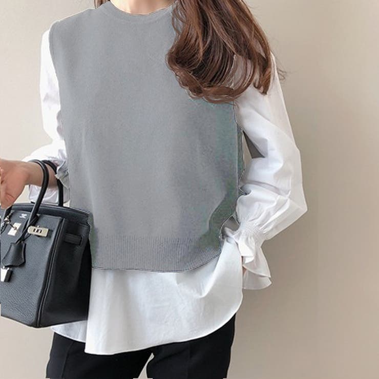 グレー×ホワイト | ニットベスト付きブラウス オフィス シンプル シャツ 秋 冬 レディース | Amulet