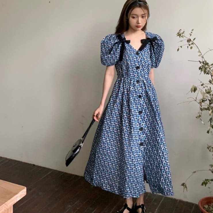 ワンピース レオパードブルーダブルリボンワンピース[品番