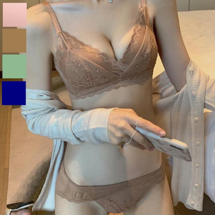 下着 くすみカラーホワイトステッチフラワー刺繍ノンワイヤーブラ&ショーツセット | marcydorn | 詳細画像1