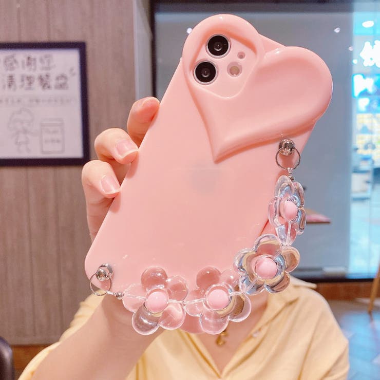 スマホケース ビックハートクリアフラワーチェーンiPhoneケース[品番
