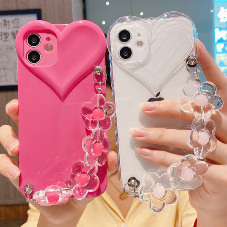 スマホケース ビックハートクリアフラワーチェーンiPhoneケース[品番