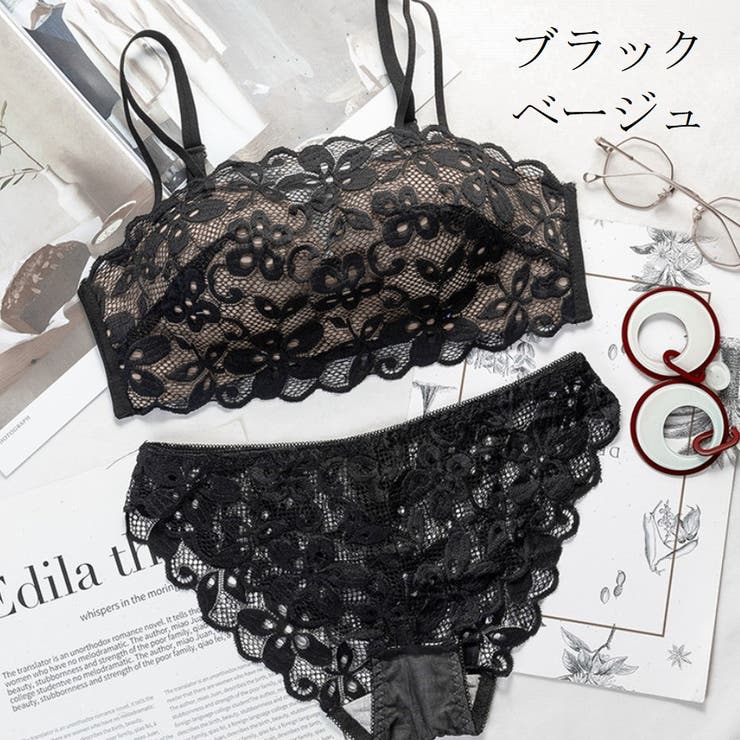 下着 フラワー模様透け感デザインノンワイヤーブラ＆ショーツセット