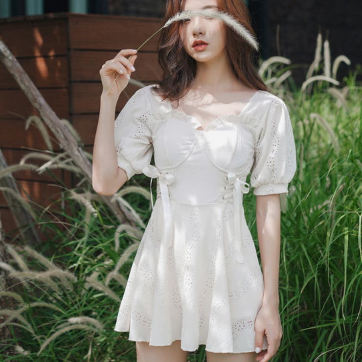 水着 パフスリーブダブルリボンポイントワンピース ビキニ水着