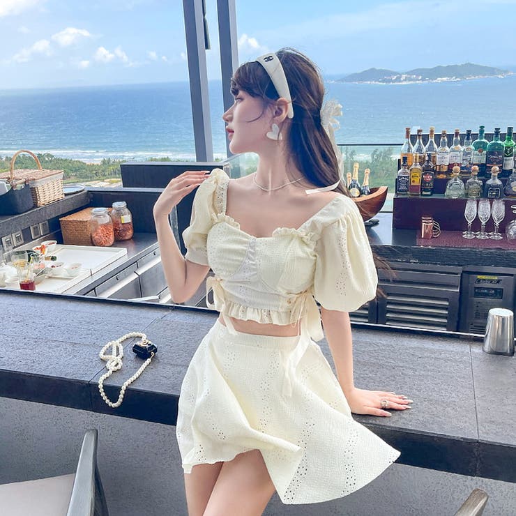 水着 パフスリーブダブルリボンポイントワンピース ビキニ水着