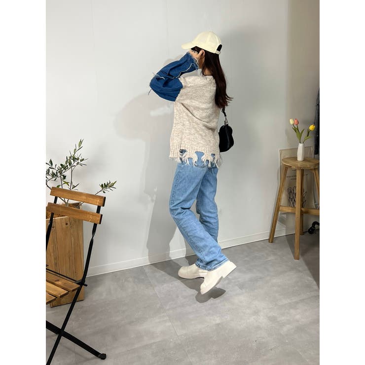 デニム切り替えニット セーター ダメージ加工 トップス | marcydorn | 詳細画像11 