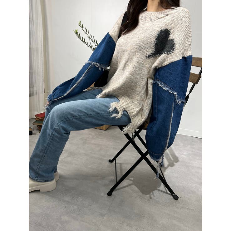 デニム切り替えニット セーター ダメージ加工 トップス | marcydorn | 詳細画像24 