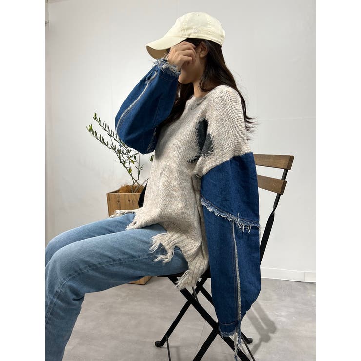 【福袋セール】の商品 デニム切り替えニット セーター トップス[品番 ダメージ加工 トップス