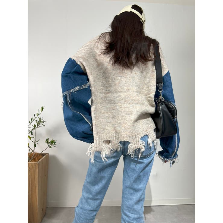 デニム切り替えニット セーター ダメージ加工 トップス | marcydorn | 詳細画像32 