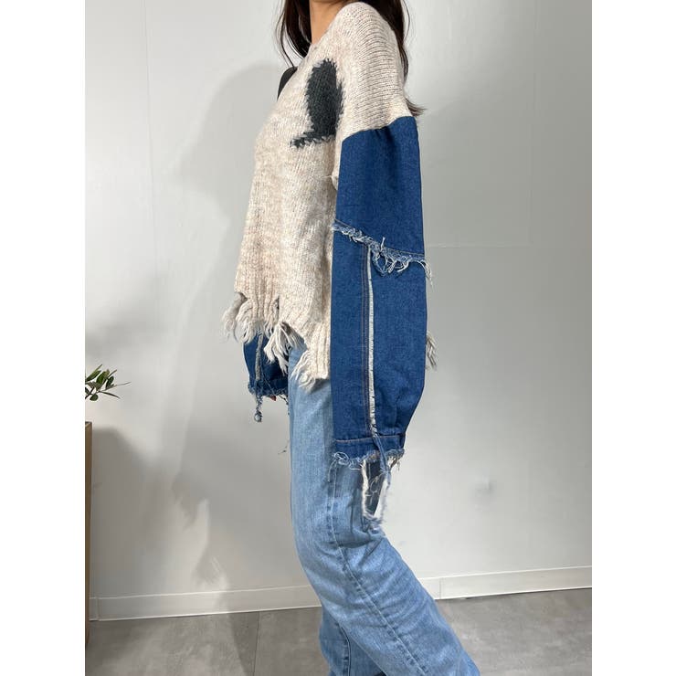 デニム切り替えニット セーター ダメージ加工 トップス | marcydorn | 詳細画像35 