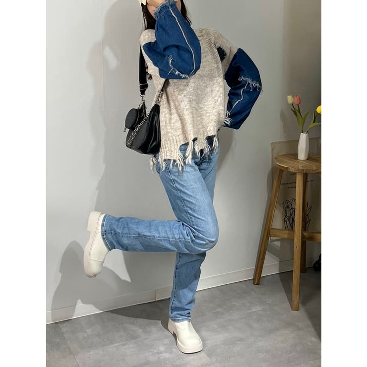 デニム切り替えニット セーター ダメージ加工 トップス | marcydorn | 詳細画像4 