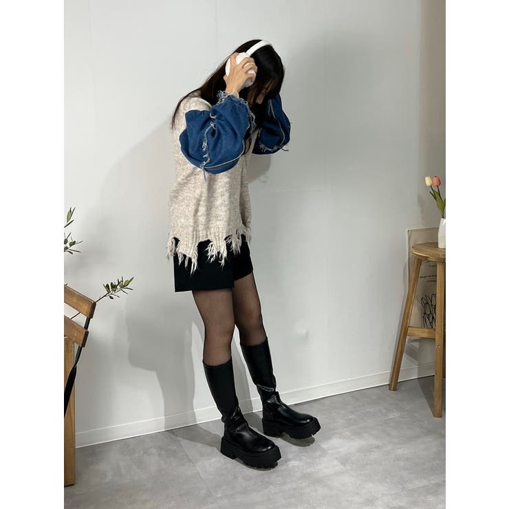 デニム切り替えニット セーター ダメージ加工 トップス | marcydorn | 詳細画像47 