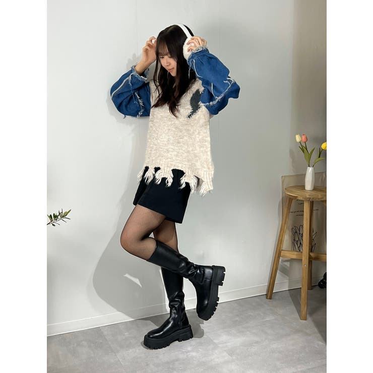 デニム切り替えニット セーター ダメージ加工 トップス | marcydorn | 詳細画像49 