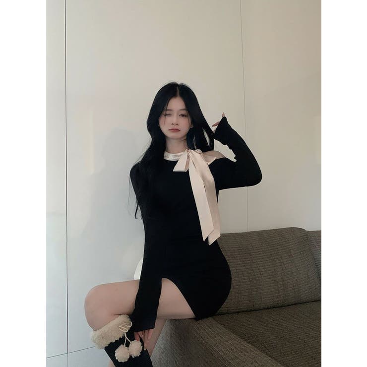 ネックホワイトリボンブラックワンピース | marcydorn | 詳細画像5 