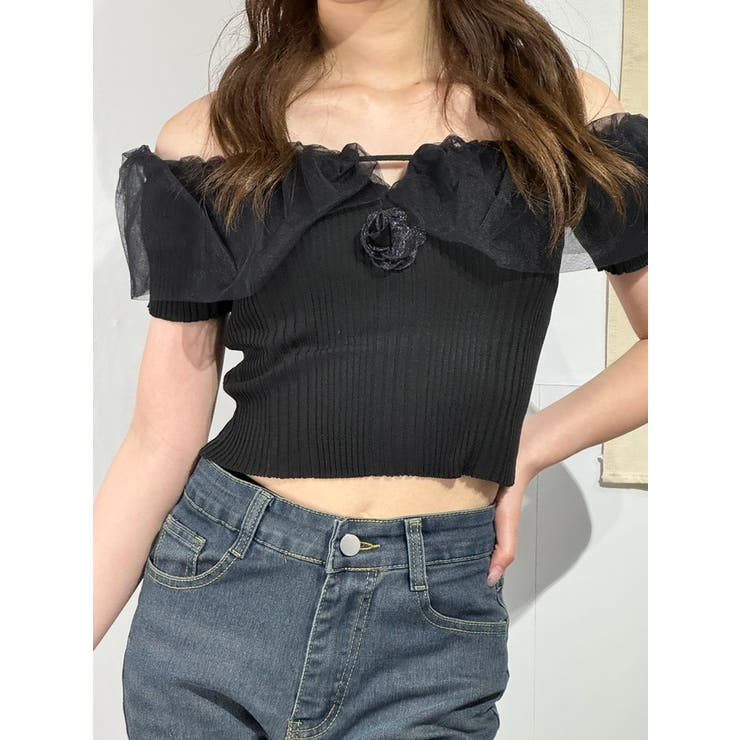 ブラック | チュールフリルオフショルトップス レディース | marcydorn