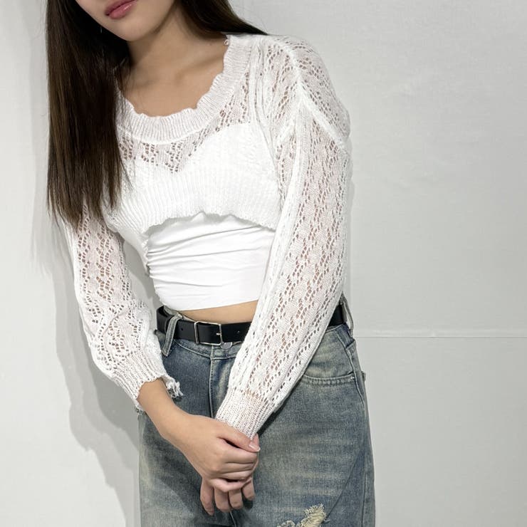 ボリューム袖透かし編みニット トップス ショート丈 | marcydorn | 詳細画像28 