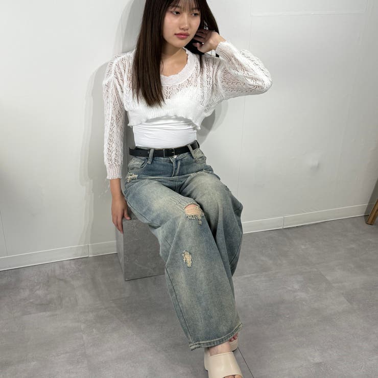 ボリューム袖透かし編みニット トップス ショート丈 | marcydorn | 詳細画像42 