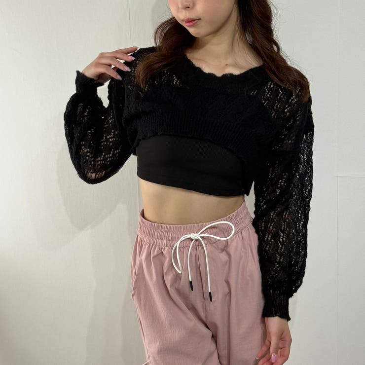 ボリューム袖透かし編みニット トップス ショート丈 | marcydorn | 詳細画像7 