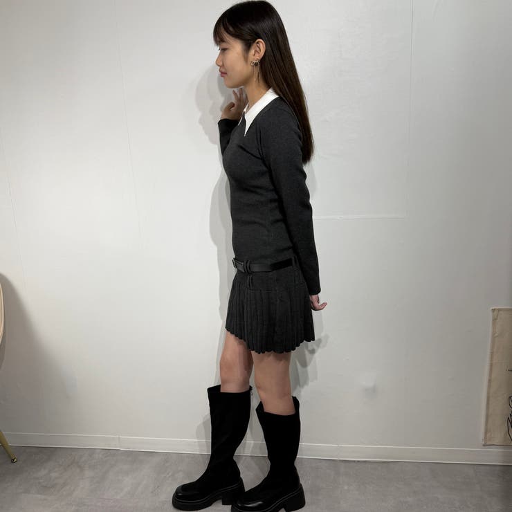 モノトーン配色×ベルト付き長袖プリーツワンピース ニット | marcydorn | 詳細画像14 