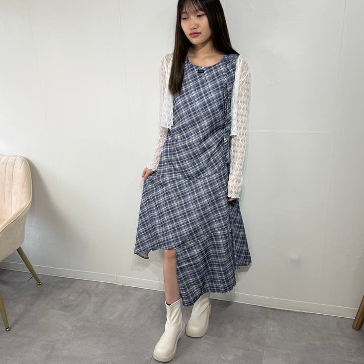 アシンメトリーヘムチェックロングワンピース ノースリーブ | marcydorn | 詳細画像8 
