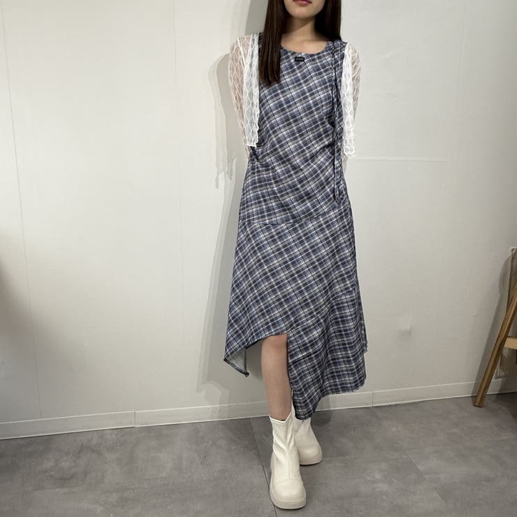 ブルー | アシンメトリーヘムチェックロングワンピース ノースリーブ | marcydorn