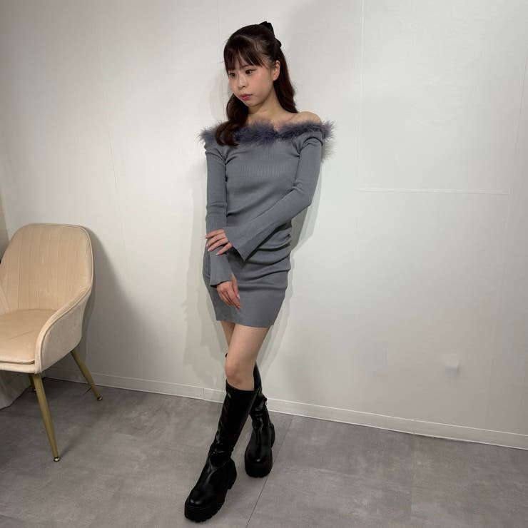 ラグジュフェミ 肩あきファーニットワンピース オフショルダー | marcydorn | 詳細画像4 