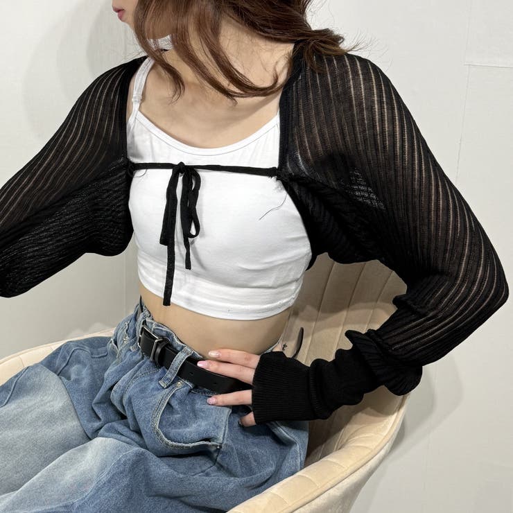 ブラック | フロントリボン シアーショルダーカーディガン ニット | marcydorn