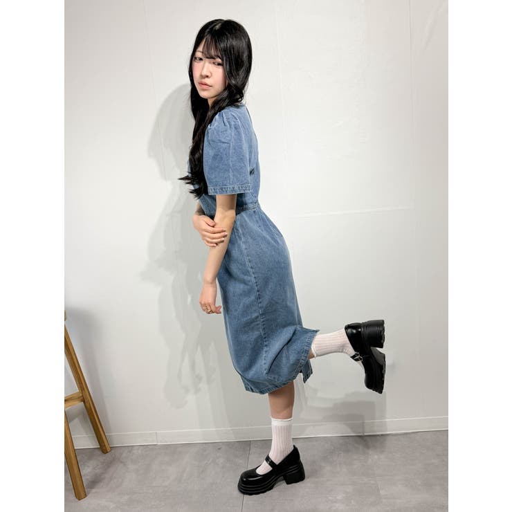スクエアネック デニムワンピース ロング丈 パフスリーブ フレンチカジュアル | marcydorn | 詳細画像12 