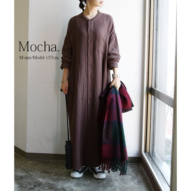 ノーカラーダブルガーゼシャツワンピースレディース 春秋冬 ワンピース