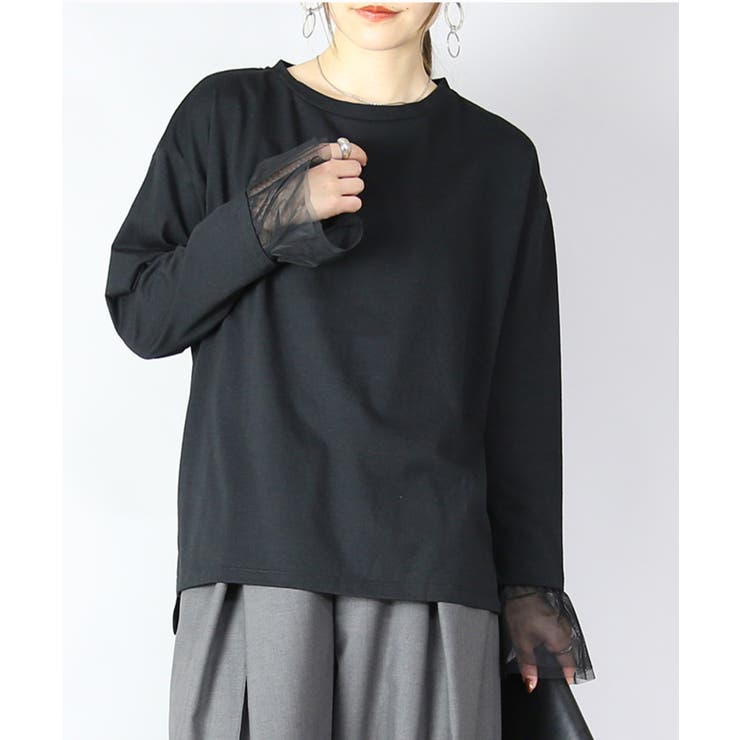 ブラック | 袖チュール長袖tシャツ トップス レディース | and it 