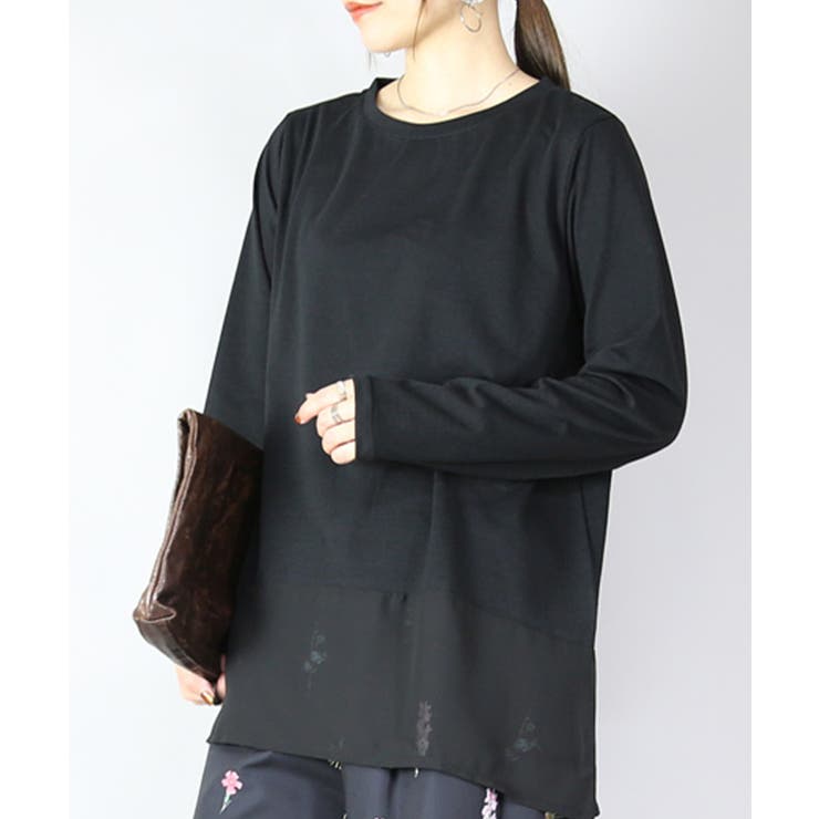 ブラック | チュールレース裾切替長袖tシャツ ロンT 重ね着 | and it 