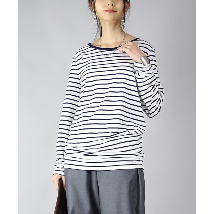 84ホワイト×ネイビー | のびのびストレッチシンプルロングカットソー トップス ロンティー | and it 