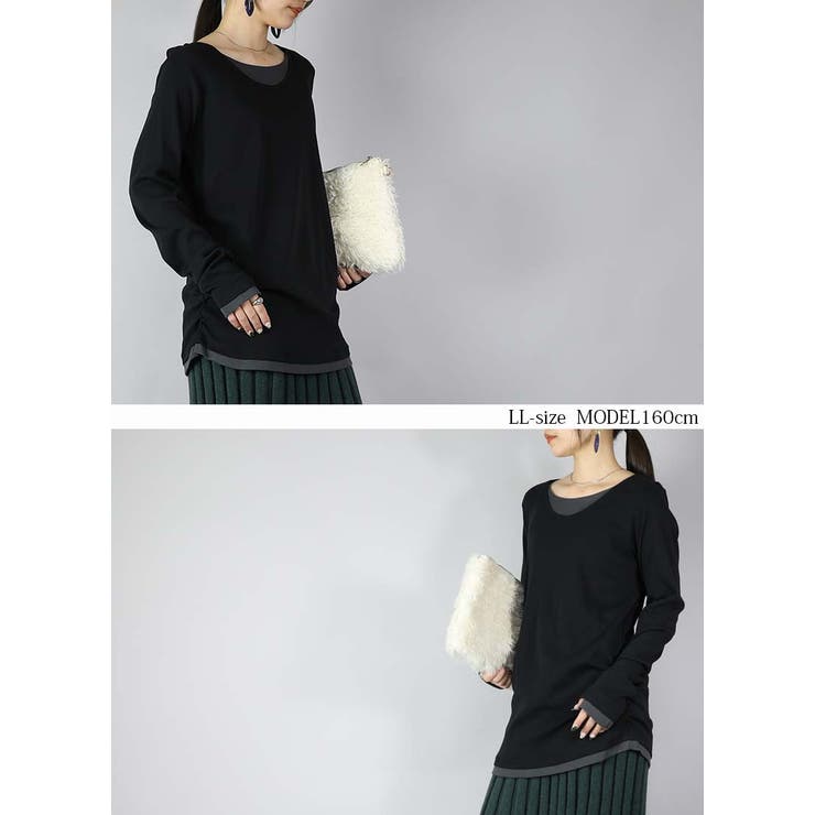 【M～4L】スムースコットンフェイクレイヤードくしゅくしゅシャーリングカットソー… | and it  | 詳細画像2 