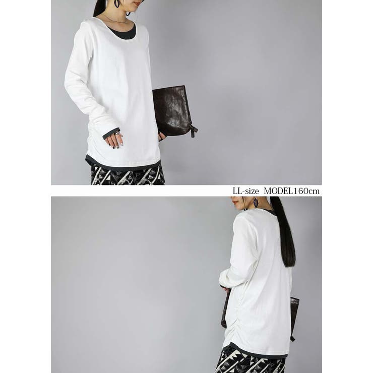 【M～4L】スムースコットンフェイクレイヤードくしゅくしゅシャーリングカットソー… | and it  | 詳細画像5 