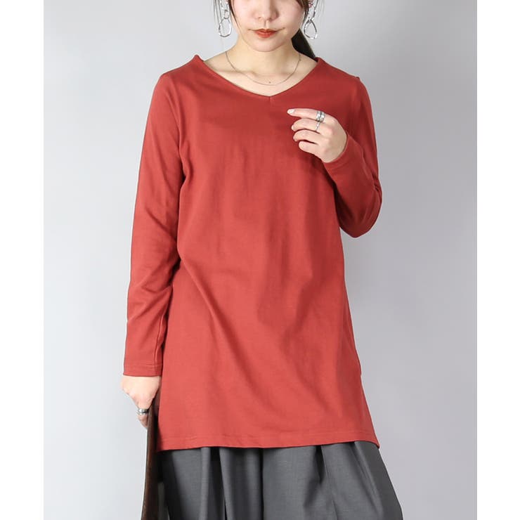 57ブラッドオレンジ | Vネック7分袖Aラインロングカットソー Ⅿ L | and it 