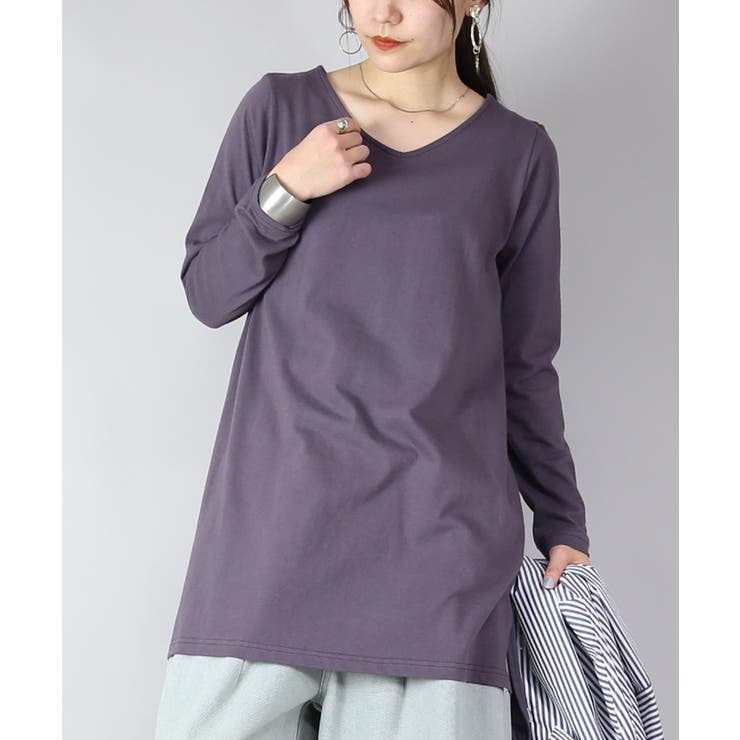 43スモーキーパープル | Vネック7分袖Aラインロングカットソー Ⅿ L | and it 
