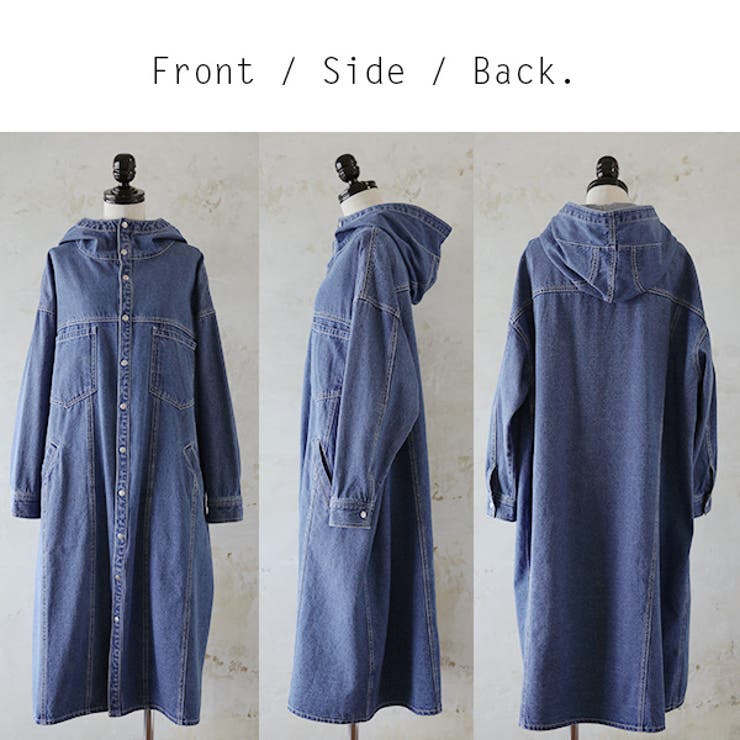 デニムステッチオーバーフードロングコートレディース 春秋 コート