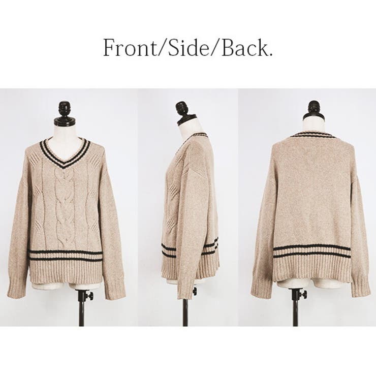 ラインヴアンド　コンビネーション　ウールケーブルニット　ベージュ フリー シアーボーダーニット(WEB限定カラー)(ニット・セーター