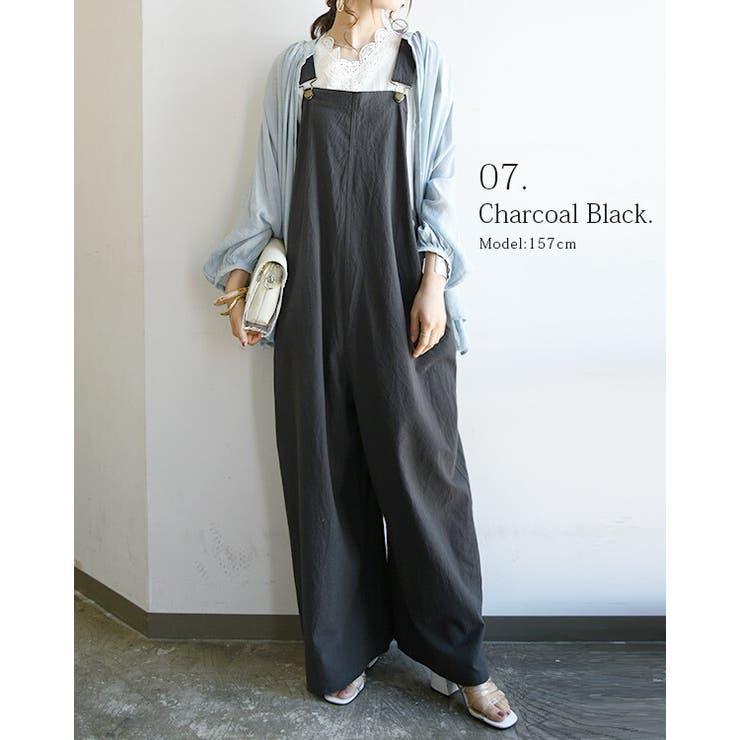 サロペットレディースワッシャー加工コットンサロペット【メール便不可】【M-L】春夏ボトムスサロペットベージュチャコールブラックキャメルしわ感しわ加工大人可愛いカジュアルナチュラルレイヤード重ね着コットン100％綿100％ゆったりラフ