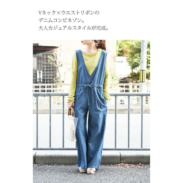 サロペットレディースデニムウエストリボンデニムサロペット【受注発注】【送料無料】【メール便不可】【M】【L】【LL】【3L】【4L】サロペパンツボトムネイビーブルーワイドゆったり楽ちんラフカジュアルレイヤード重ね着オーバーオール春夏秋冬