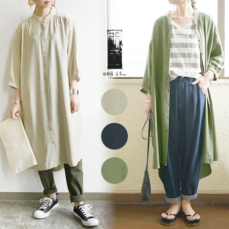 シャツワンピース ロング バンドカラー5分袖シャツワンピース