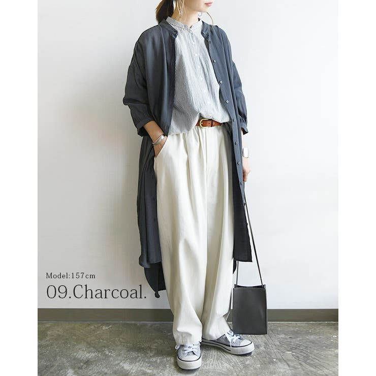 シャツワンピース ロング バンドカラー5分袖シャツワンピース