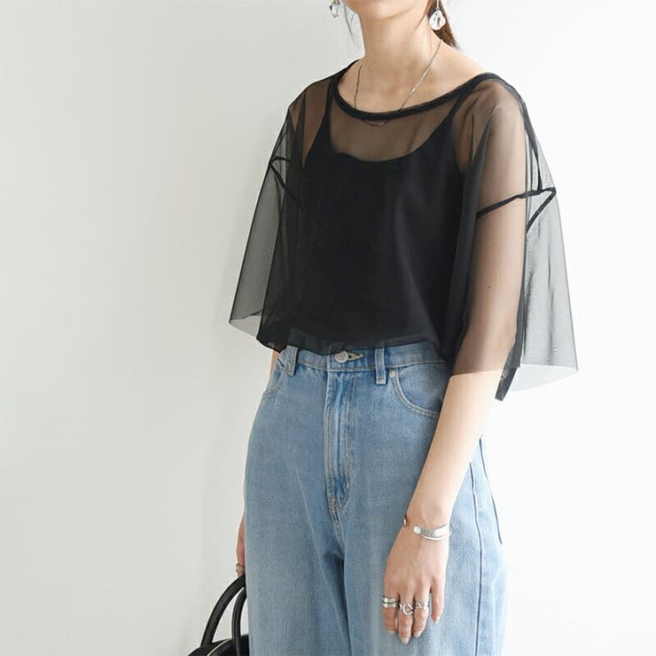 値下げ！新品♡タグ付き♡リランドチュール♡ニット♡チュール袖♡ドット♡38サイズ チュールレイヤードTシャツ カットソー レディース[品番