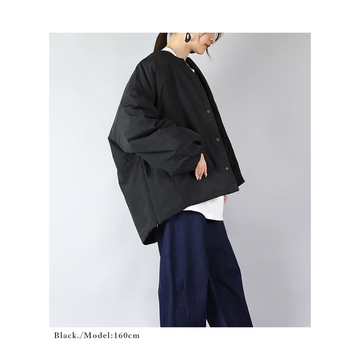 オーバーサイズサイドジップノーカラー中綿ジャケット
