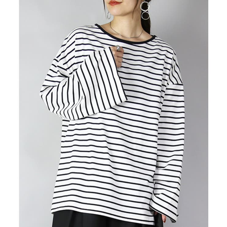 112ホワイトxブラック | ドロップショルダー長袖ボーダービッグカットソーゆったり オーバーサイズ ロンT | and it 