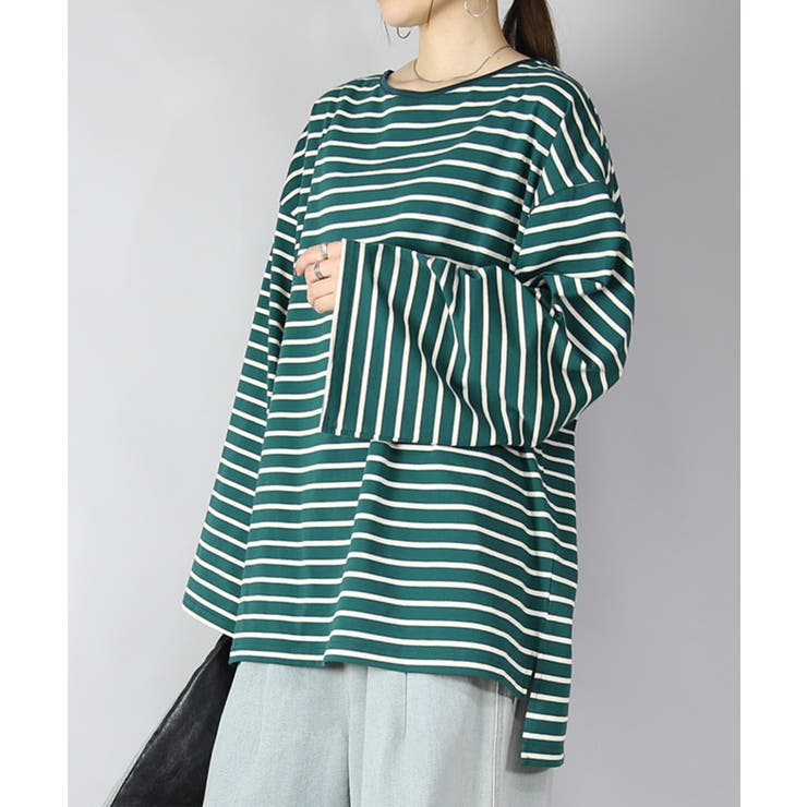 010グリーンxホワイト | ドロップショルダー長袖ボーダービッグカットソーゆったり オーバーサイズ ロンT | and it 